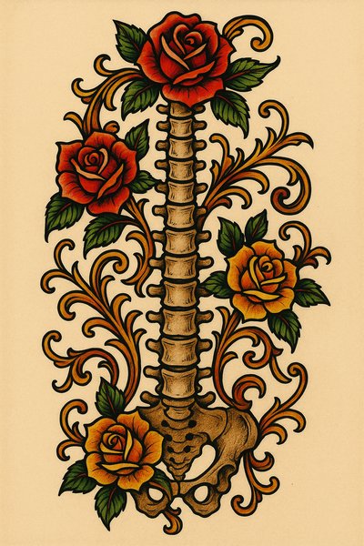Artistic Spine Illustration with Roses and Ornate Design