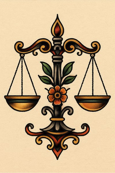Artistic representation of a balanced scale with floral elements