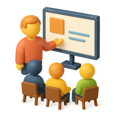 3D Classroom Icon with Teaching Figures and Screen