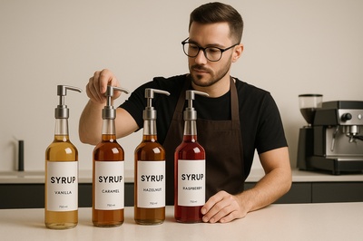 Stylish Barista Arranging Syrups in Minimalist Setting