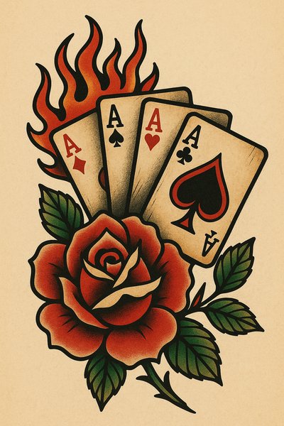 Tattoo-style illustration of playing cards and a rose