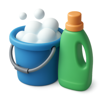 3D Bubble Bucket Icon with Bottle and Bubbles