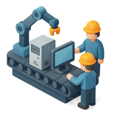 3D Industrial Robot Icon with Workers and Machinery