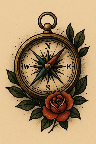 Vintage Compass with Rose Illustration Art