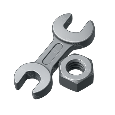 3D Wrench and Nut Icon on Transparent Background