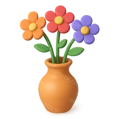 Colorful 3D Flower Vase Icon with Bright Flowers