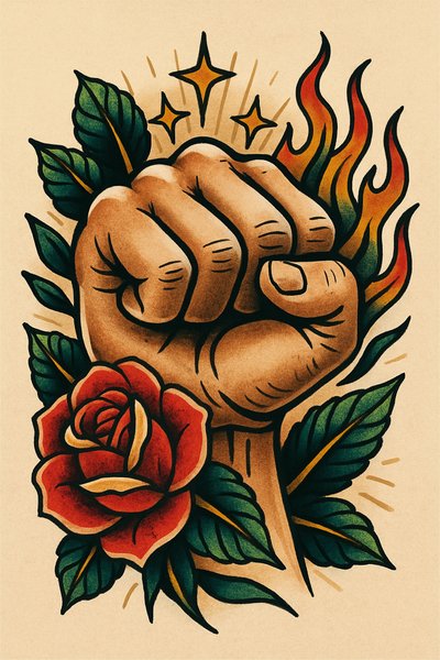 Stylized Fist with Rose and Flames Artwork