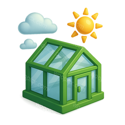 3D Greenhouse Icon with Sun and Clouds in Isometric View