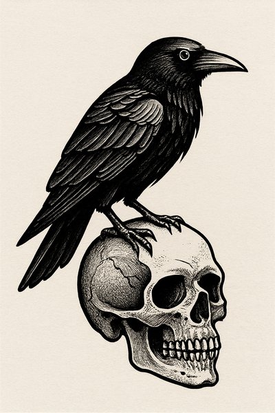 Intricate Illustration of a Raven on a Skull
