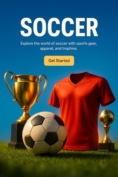 Promotional Graphic for Soccer Gear and Trophies