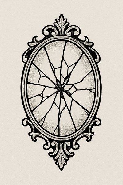 Illustration of a Cracked Antique Mirror with Detailed Frame