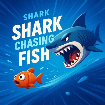 Colorful Cartoon of Shark Chasing Fish in Ocean