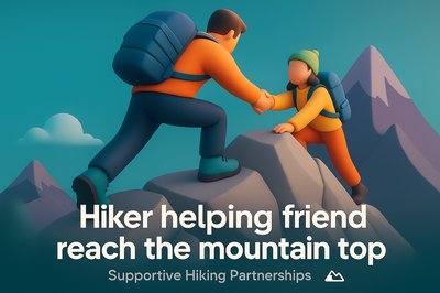 Hiker Assisting Friend to Summit Mountain, Dynamic Illustration