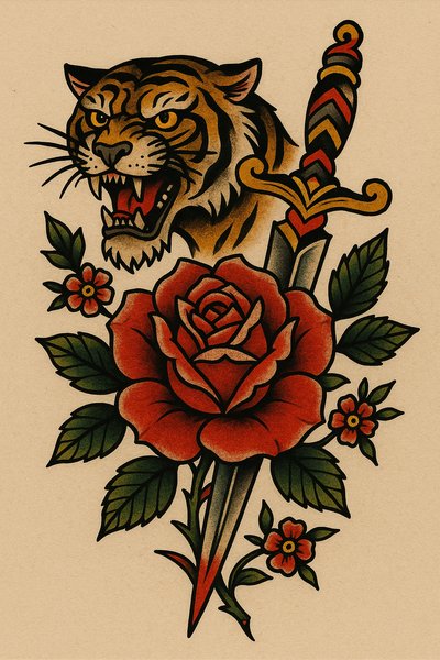 Colorful traditional tattoo design featuring a tiger and rose