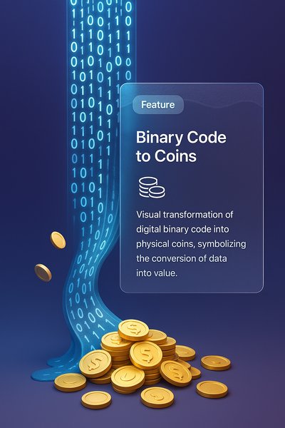 Waterfall of Binary Code Transforming into Coins Illustration