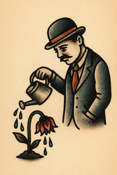 Man Watering Dying Flower Tattoo Art