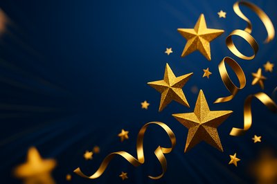 Festive Christmas and New Year Background with Golden Stars and Ribbons