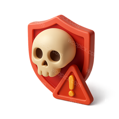 3D Malware Skull Icon with Warning Shield Design