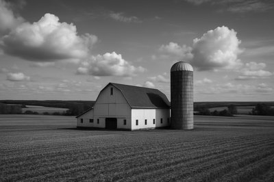 Black and White Landscape of a Farm with Barn and Silo