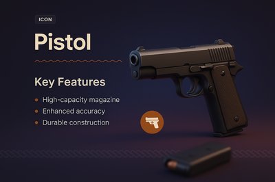 3D Illustration of a Pistol with Key Features Highlighted