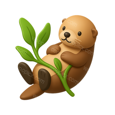 Cute Cartoon Otter with Green Leaves