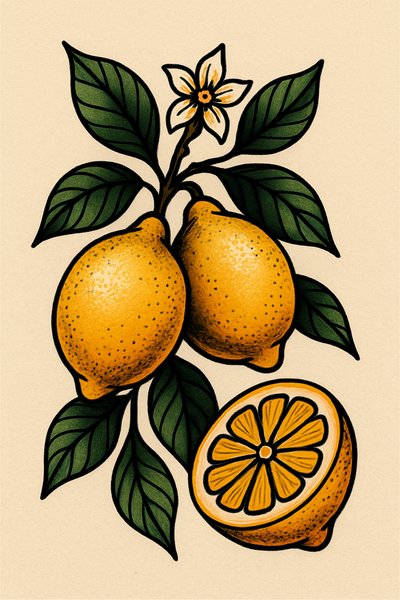 Vibrant Lemon Illustration with Leaves and Flower