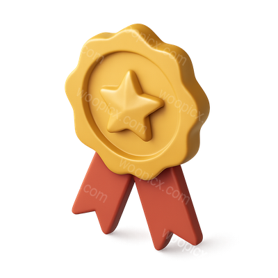 3D Badge Icon with Star and Ribbons in Isometric View