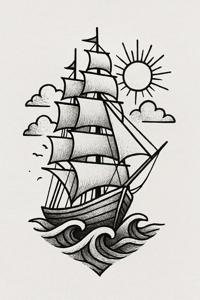 Vintage Sailing Ship Illustration with Sun and Waves