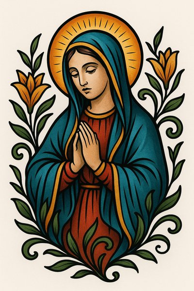 Illustrative Artwork of a Praying Figure Surrounded by Floral Elements