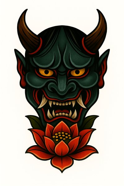 Vibrant Demon Mask with Lotus Flower Illustration