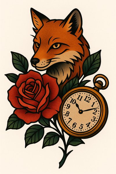 Tattoo Design Featuring a Fox, Rose, and Pocket Watch