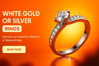 Elegant Jewelry Ad Featuring Diamond Rings in Gold and Silver
