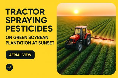 Aerial View of Tractor Spraying Pesticides on Soybean Fields at Sunset