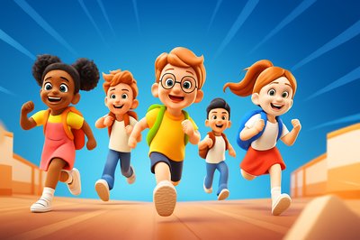 Cheerful Children Running in School Corridors