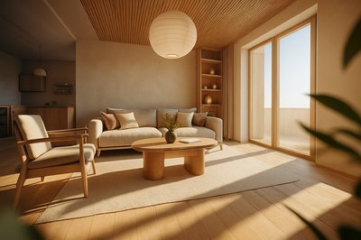 Modern Japandi Style Living Room Design with Natural Lighting