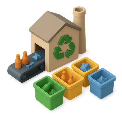 3D Recycling Icon with Containers and Factory