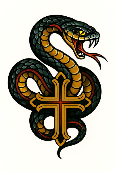 Vibrant Snake and Cross Tattoo Design