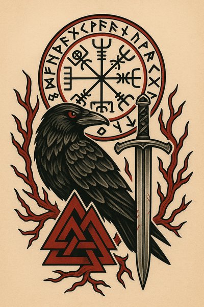 Artistic depiction of Norse mythology symbols and imagery
