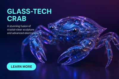 Hyperrealistic Glass-Tech Crab with Glowing Electronics