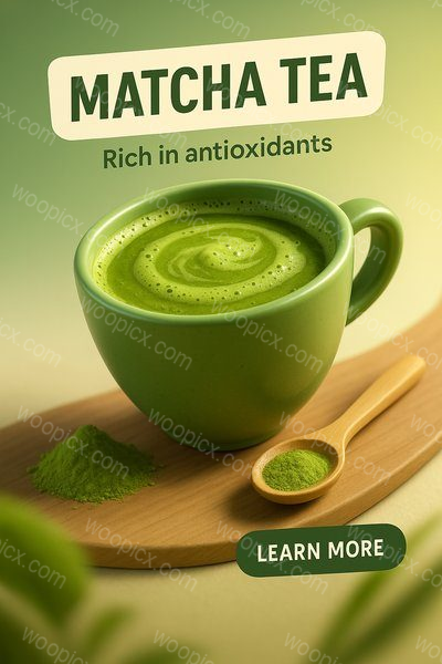 Promotional Image for Matcha Tea Featuring a Cup and Ingredients