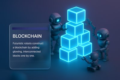 Futuristic Robots Building a Glowing Blockchain Structure