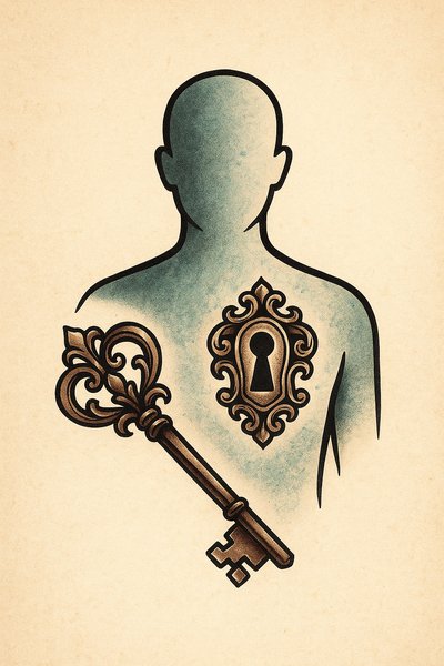 Vintage Key and Lock Tattoo Design on Human Silhouette