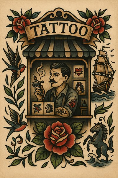 Vintage Tattoo Parlor Illustration with Sailor and Roses