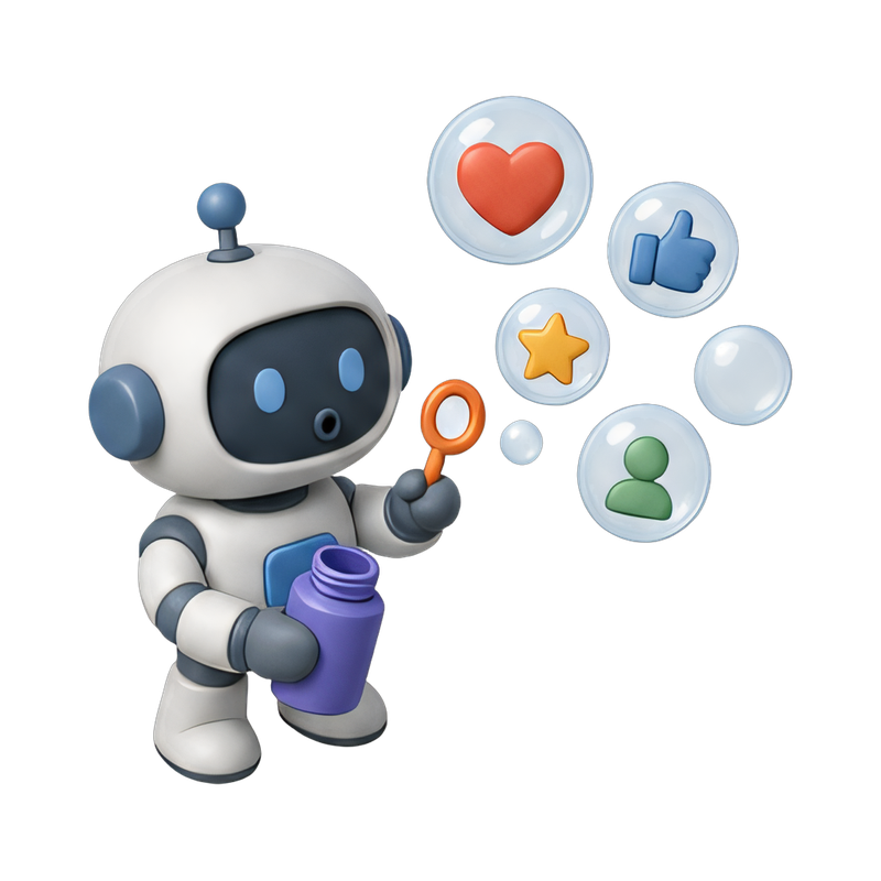 robot creating app icon bubbles