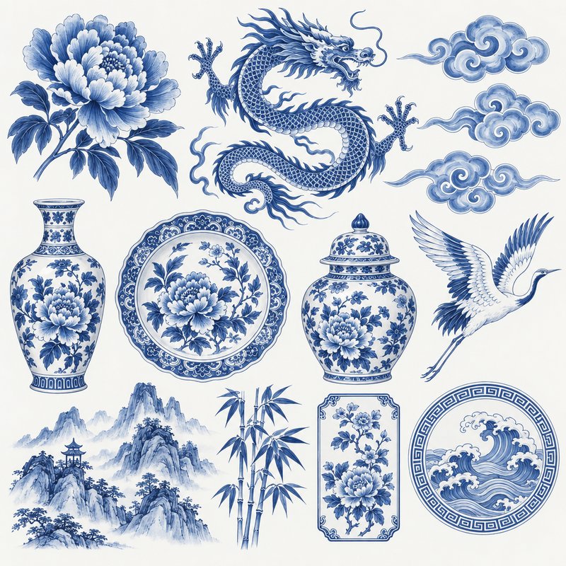 Blue and white porcelain elements