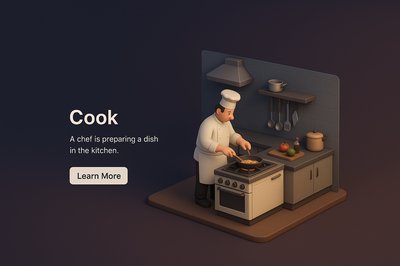 Overhead View of a Kitchen Scene with Chef Cooking