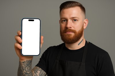 Tattooed Barber Holding a Blue Phone with Blank Screen