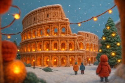 Festive Woolen Coliseum Scene with Snowfall