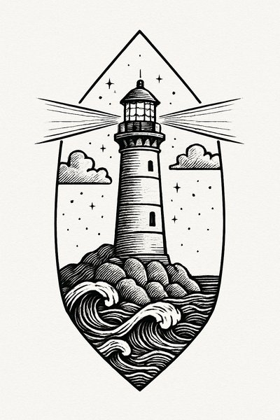 Stylized Lighthouse Illustration with Waves and Stars