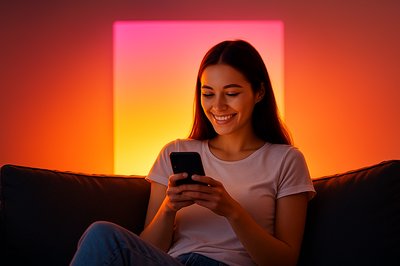 Smiling Girl with Phone in Cozy Backlit Setting